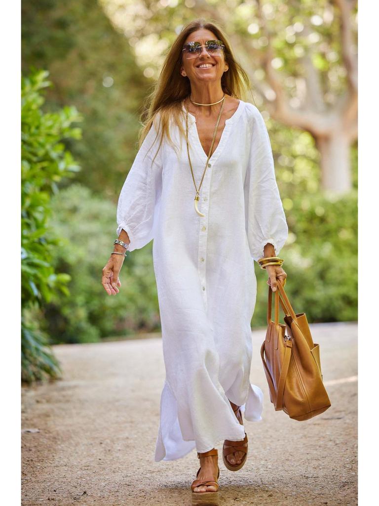 2025 Summer Women's V-neck Cotton Linen Dress: Casual European & American Vacation Style