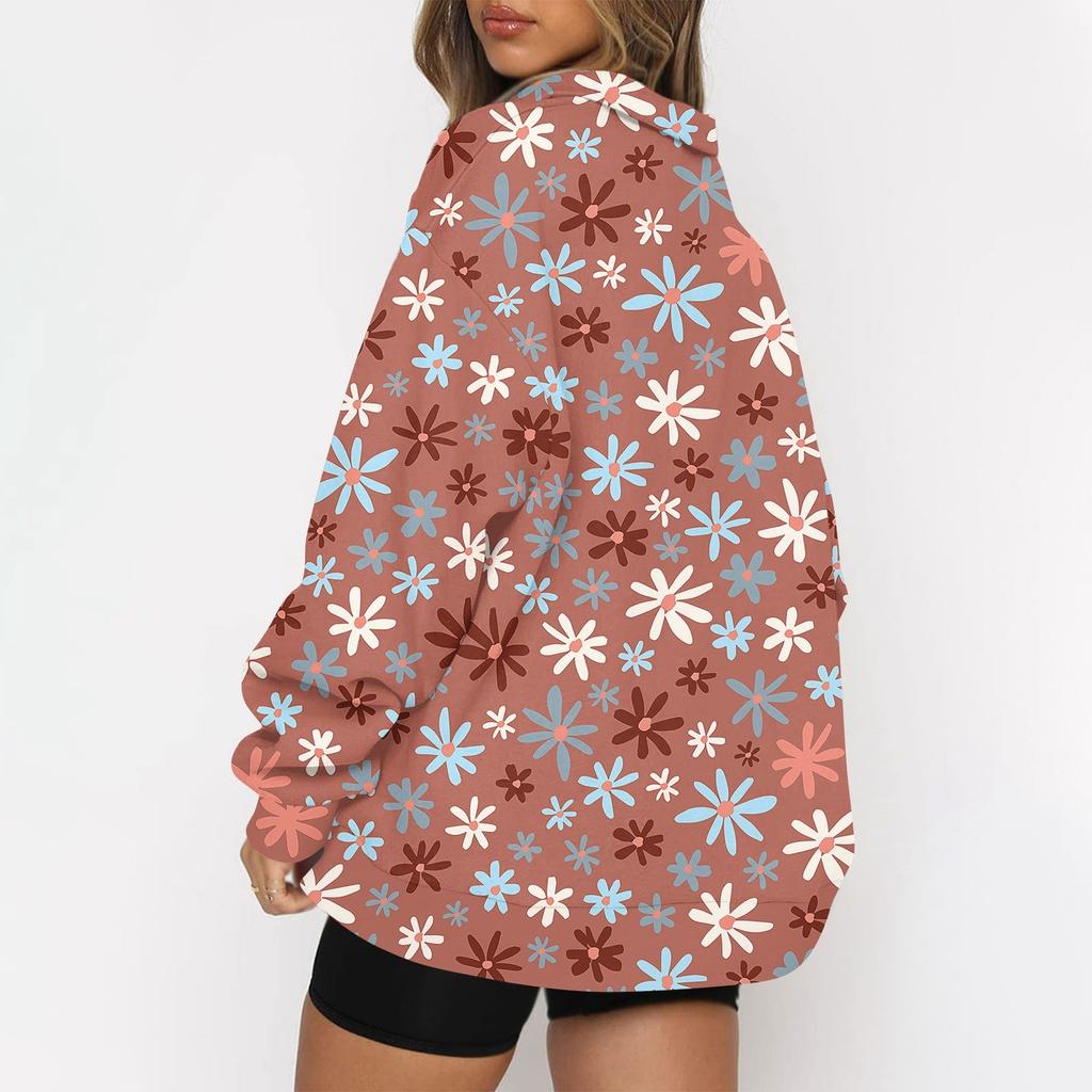 Women's Casual Fashion Long Sleeve Printing Zipper Hooded Sweatshirt Top