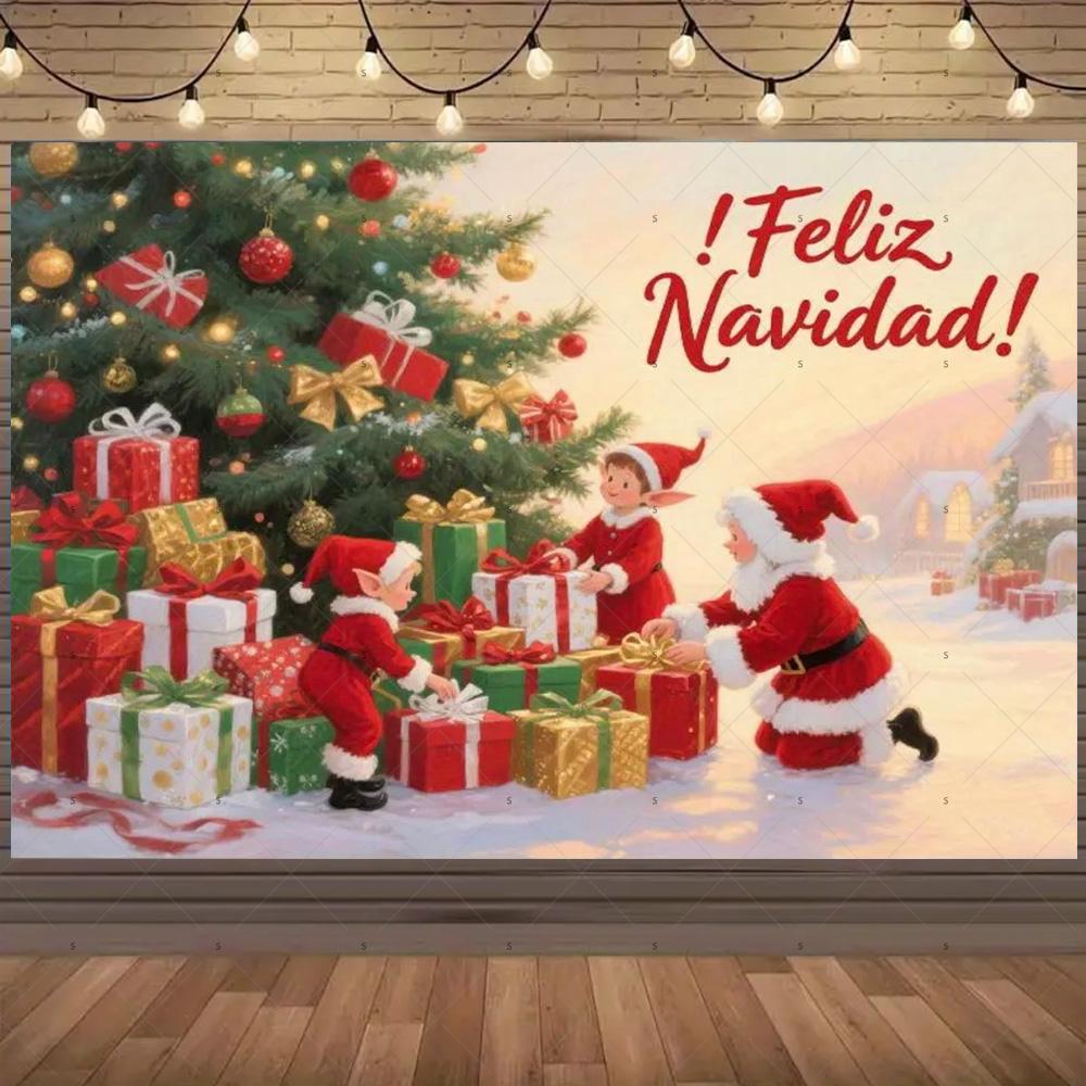 Winter Christmas Background Banner Spanish Christmas Party Decoration Xmas Tree Santa Claus Backdrop Supplies Photography Props