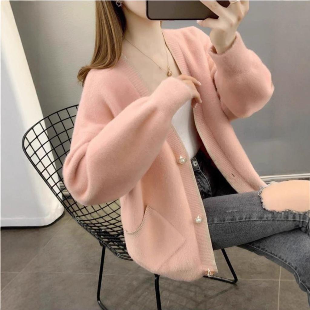 Autumn and winter solid color knitted women's imitation mink fleece cardigan sweater women's new thickened loose coat top