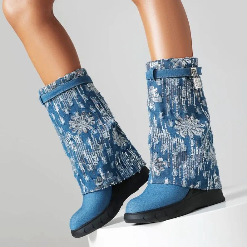 Женские брендовые дизайнерские туфли на высоком каблуке 2024 года, новые женские сапоги до середины голени с круглым носком, сексуальные женские сапоги до колена Pogen Botas De Mujer