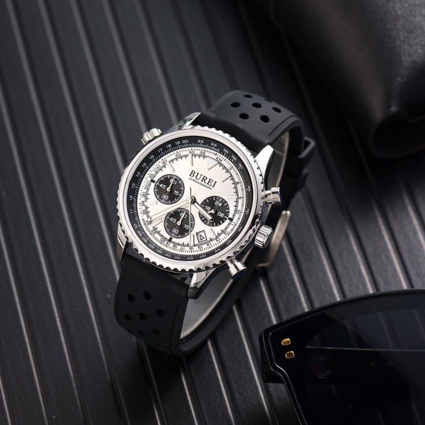 Мужские кварцевые часы-хронограф BUREI, водонепроницаемые, аналоговые, с отображением даты, черные с серебристым полиуретановым ремешком, идеальный подарок для мужчин