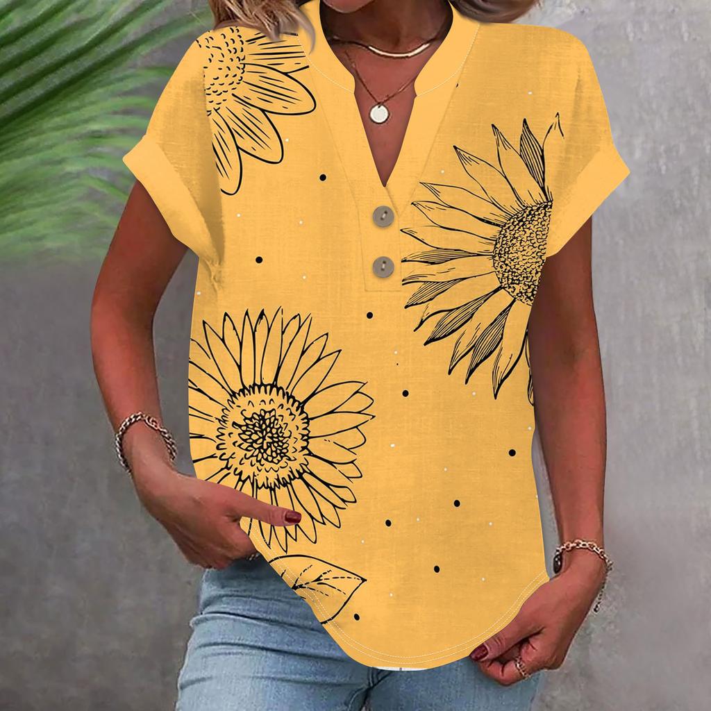 Женская модная повседневная рубашка с v-образным вырезом и коротким рукавом с принтом, футболка на пуговицах, топ