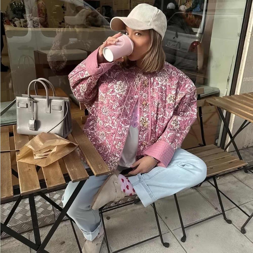 VAYLA Шикарные женские хлопковые куртки с цветочным принтом Элегантные однобортные куртки с воротником-стойкой Повседневные пальто Осень Зима Женская стеганая верхняя одежда