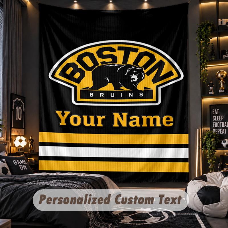 TapestryBoston Bruins Custom Name Text Personalized Wall Hanging Tapestry Home Wall Decor
