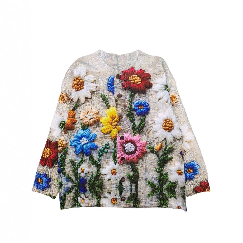 Women's Floral 3D Print Knitted Cardigan - Round Neck, Long Sleeve, Casual Spring/Winter Wear