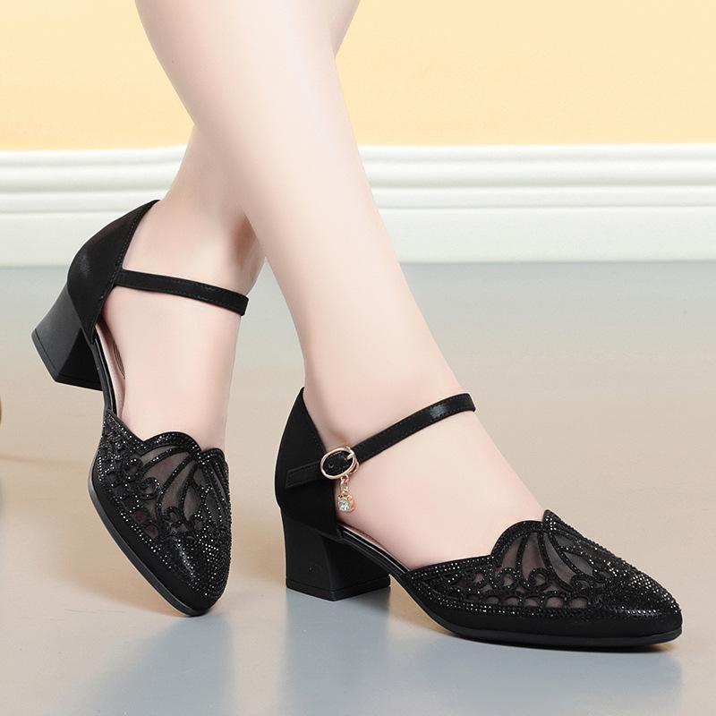 Gold Chunky Heel Mesh Sandals for Women - 2022 Summer Style, One-Strap, Hollowed Design for Middle-Aged Women