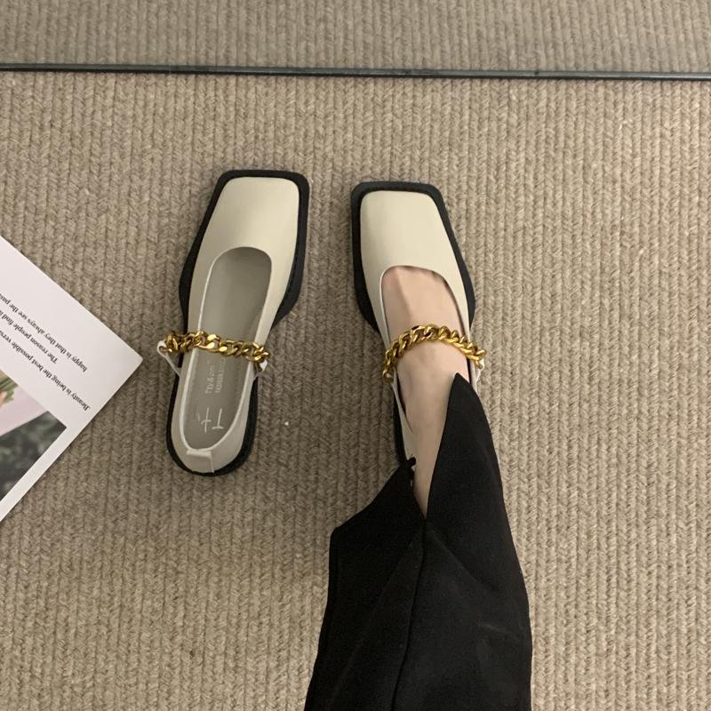 Ретро-лоферы с металлической цепочкой и квадратной головкой, женские, 2025, новые британские универсальные туфли Мэри Джейн, маленькие кожаные туфли для женщин