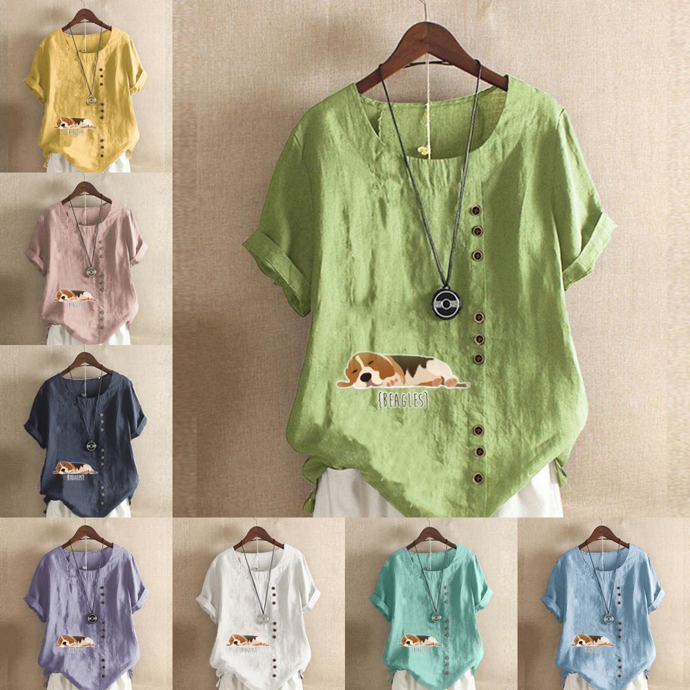Women's Fashion Round Neck Short Sleeve T-shirt Casual Cotton Linen Graphic Shirt Leisure Loose Dog Prined Summer Blouse Tops Plus Size