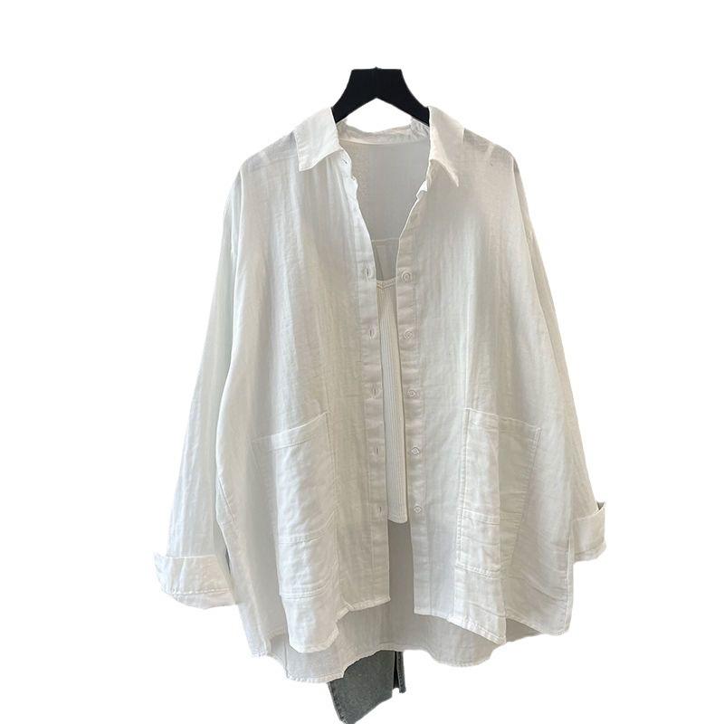 Солнцезащитная рубашка с длинными рукавами для женщин, свободная ретро-многослойная рубашка с двойными карманами, однотонная белая рубашка