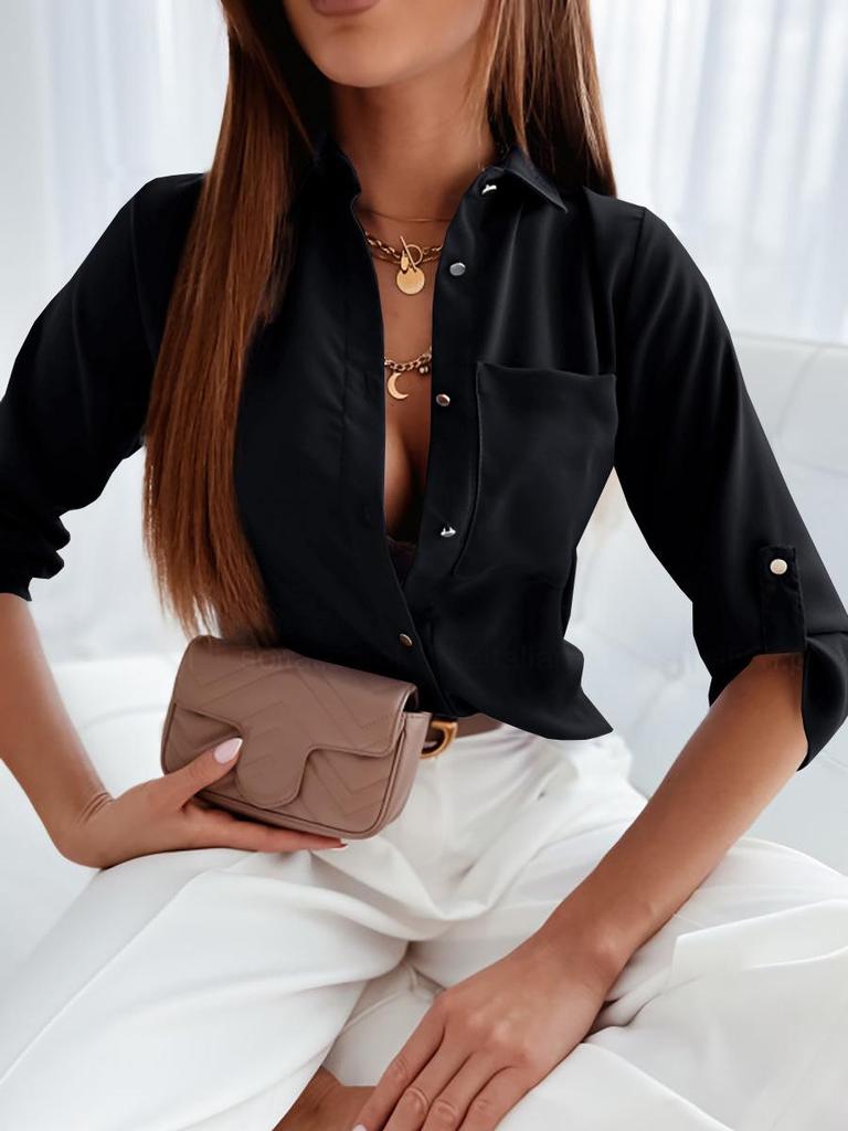 2023 Осень/Зима Женская однотонная однобортная рубашка с длинным рукавом