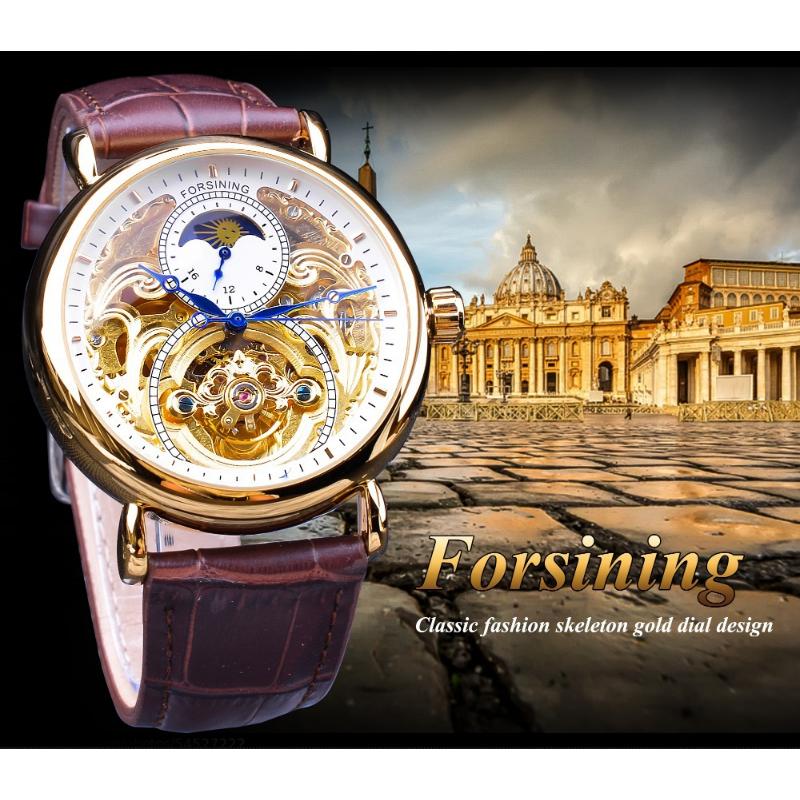 Forsining Новые лучшие мужские часы, автоматические механические часы со скелетом, модные часы с турбийоном, лунным слоном