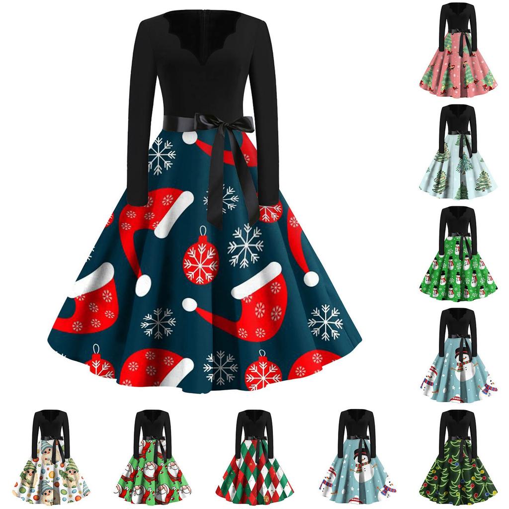 Women's Casual Fashion V Neck Long Sleeve Christmas Printed Vintage Long Dress