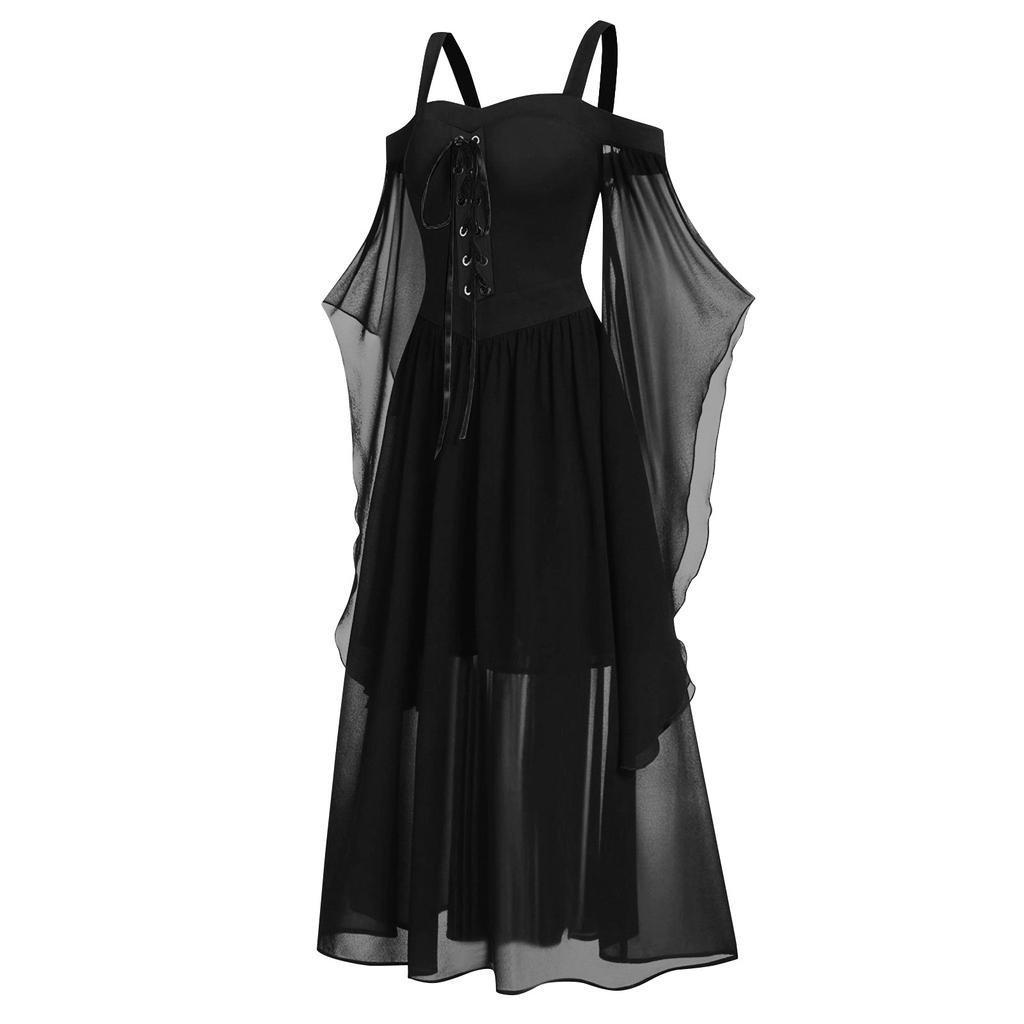 Women Plus Size Cold Shoulder Butterfly Sleeve Halloween Gothic Dress