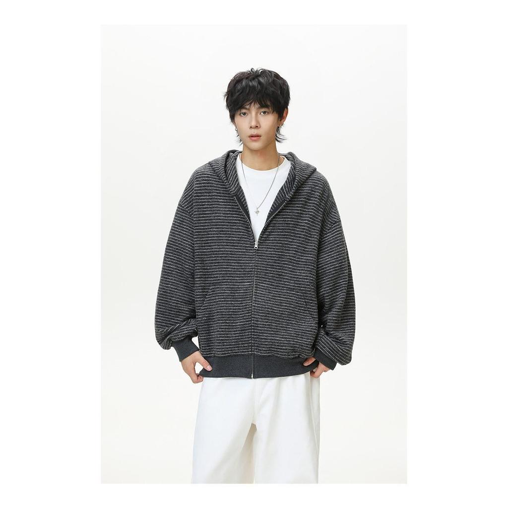 Унисекс ретро-худи на молнии в полоску, кардиган для весны/осени - Повседневное, свободный крой