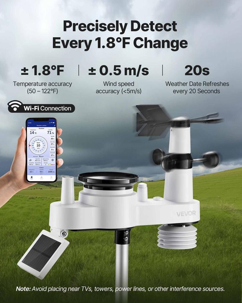 7-in-1 Wi-Fi Weather Station, 177.8 mm TFT Display, Wireless Solar Powered Outdoor Sensor, Rain Gauge, Indoor Outdoor for Weather Forecast, Wind Speed