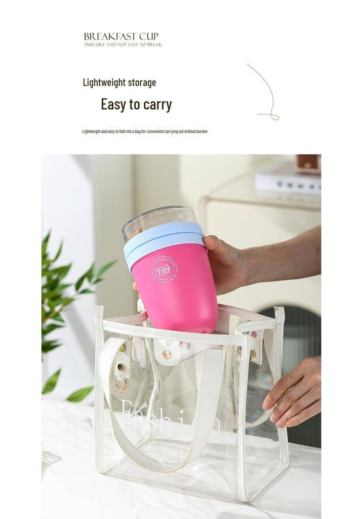 Portable Breakfast Cup with Lid - Oatmeal, Milk, Yogurt & Fruit Salad for Girls on the Go