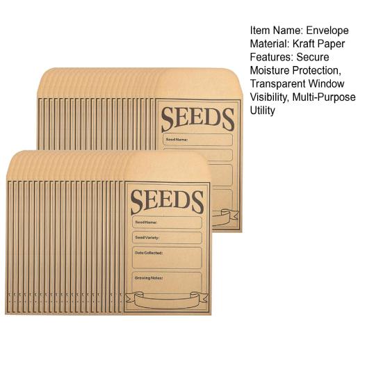 50 шт., конверт для хранения семян, крафт-бумага, прозрачное окно, цветы, овощи, специи, семена, самоклеящиеся пакеты, товары для домашнего сада