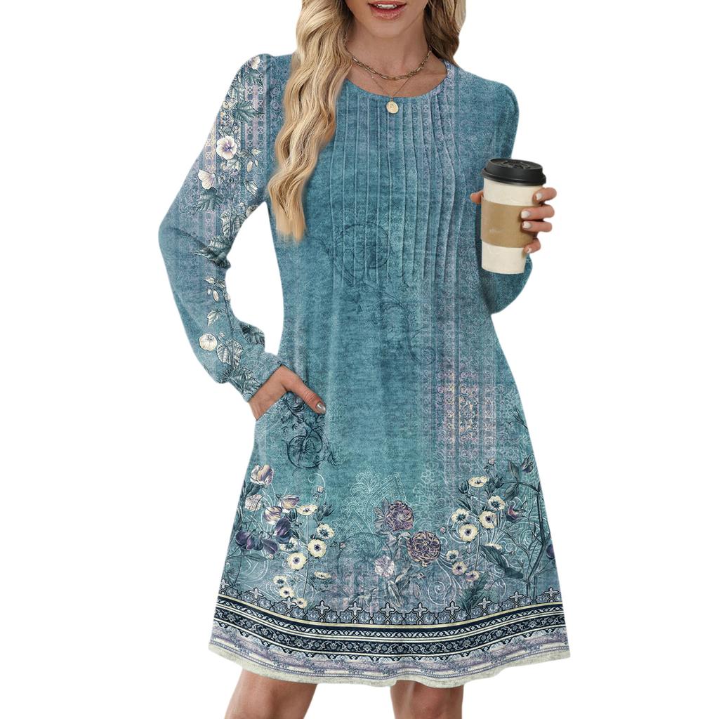 Женское повседневное платье с длинным рукавом, плиссировкой, круглым вырезом, винтажным цветочным принтом и карманами