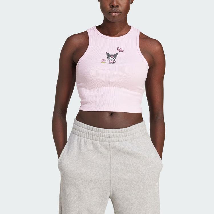 Adidas Оригинальные спортивные топы на бретелях Hello Kitty X Kuromi с графическим принтом и круглым вырезом, женские топы, прозрачно-розовые JG8051