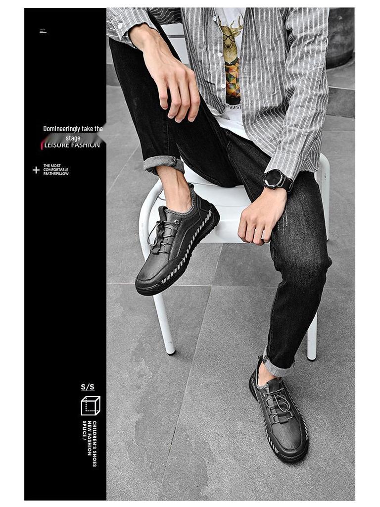 Мужские ленивые эластичные туфли из кожи с прострочкой - Стильные низкие слипоны, спортивные кроссовки для весны и осени.