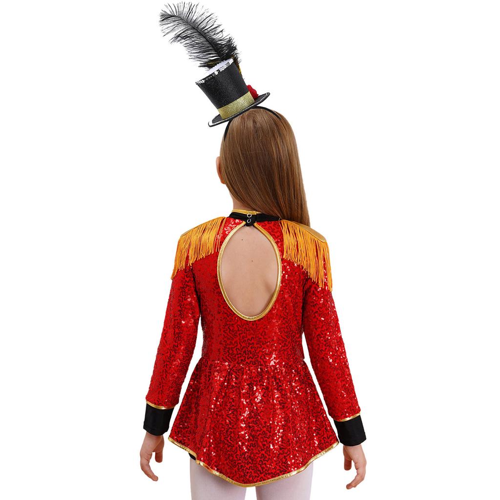 Костюм барабанщицы цирка для девочек, боди с пайетками с длинным рукавом, эполет с бахромой на плече, мини-цилиндр в качестве аксессуара