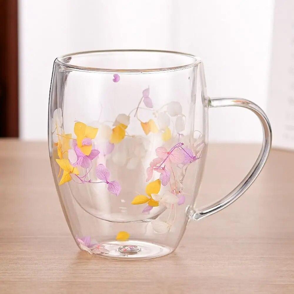 Floral Dry Flowers Cup Simple Heat Resistant Double Wall Glass Cup INS Trends High Borosilicate Glass Tea Coffee Cups
