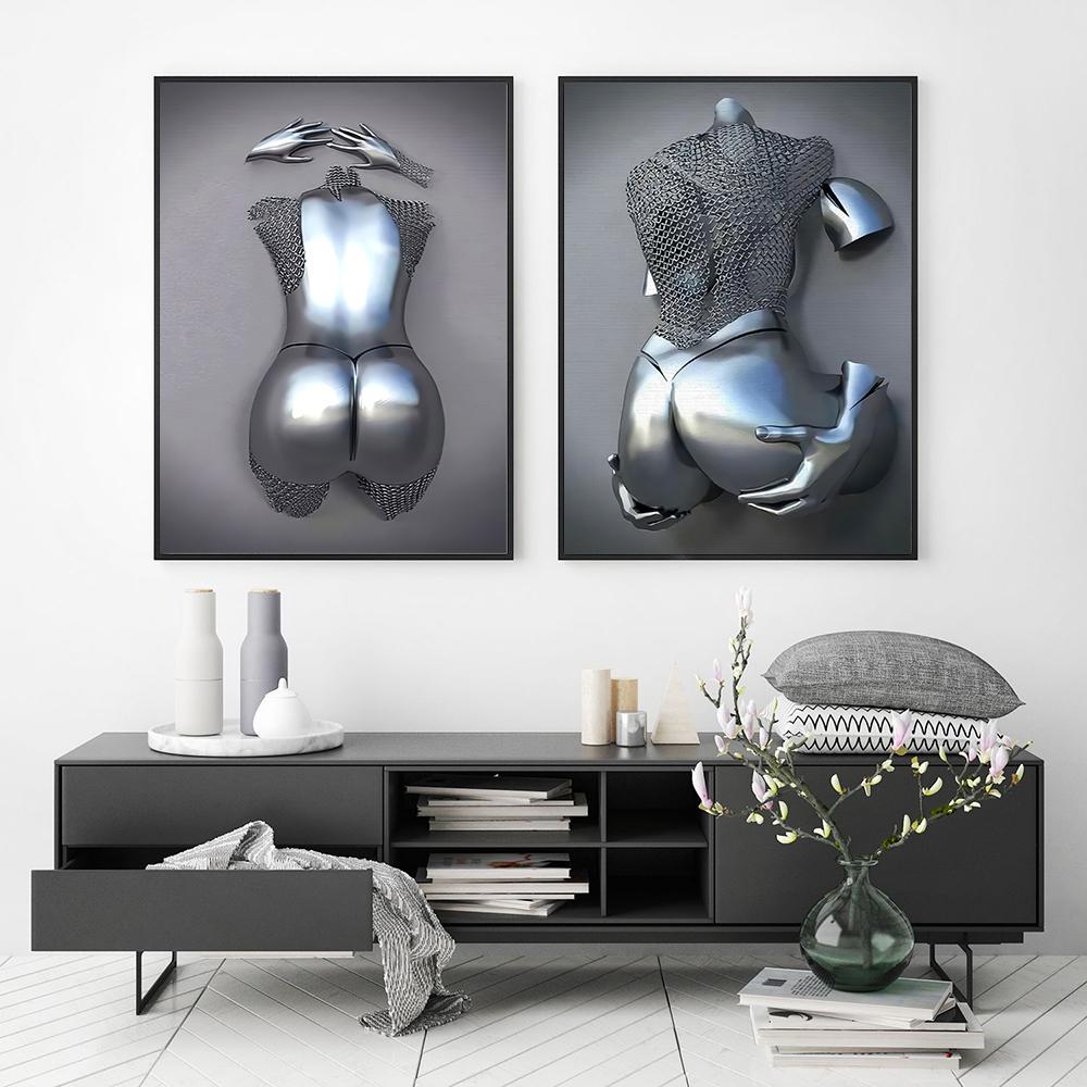 Metal Robot Abstract Art Sculpture Oil Painting Poster Exquisite Light Luxury Erotic Wall Decoration Painting Version