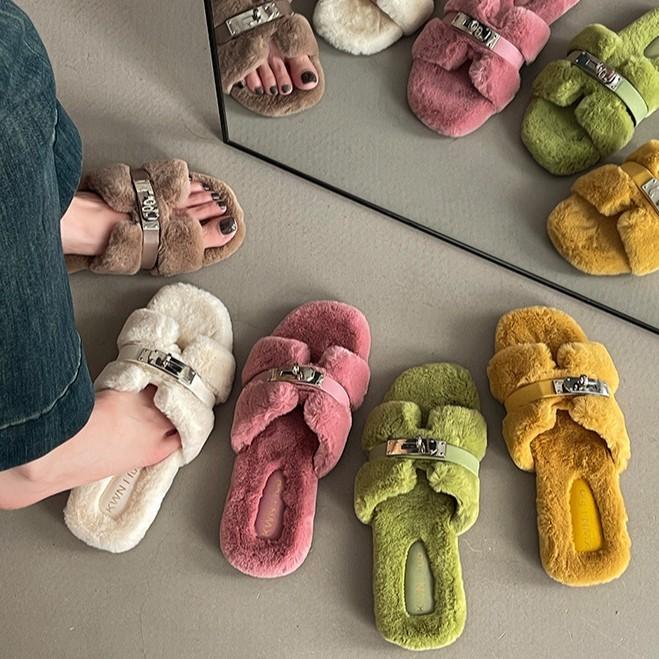 Мода осень-зима 2025, простые шлепанцы с пряжкой, пушистые тапочки интернет-знаменитости, женская повседневная обувь на толстой подошве, хлопковые туфли на перемычке