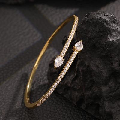 ZAKOL Классический открытый браслет с двумя цирконами в форме капли воды для женщин, элегантный серебристый цвет, полностью кристальный циркон, свадебная вечеринка, циркон