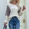 Womens Loose Fit Round Neck Knit Top With Leopard Print Patchwork Casual Long Sleeve Sweater In Apricot