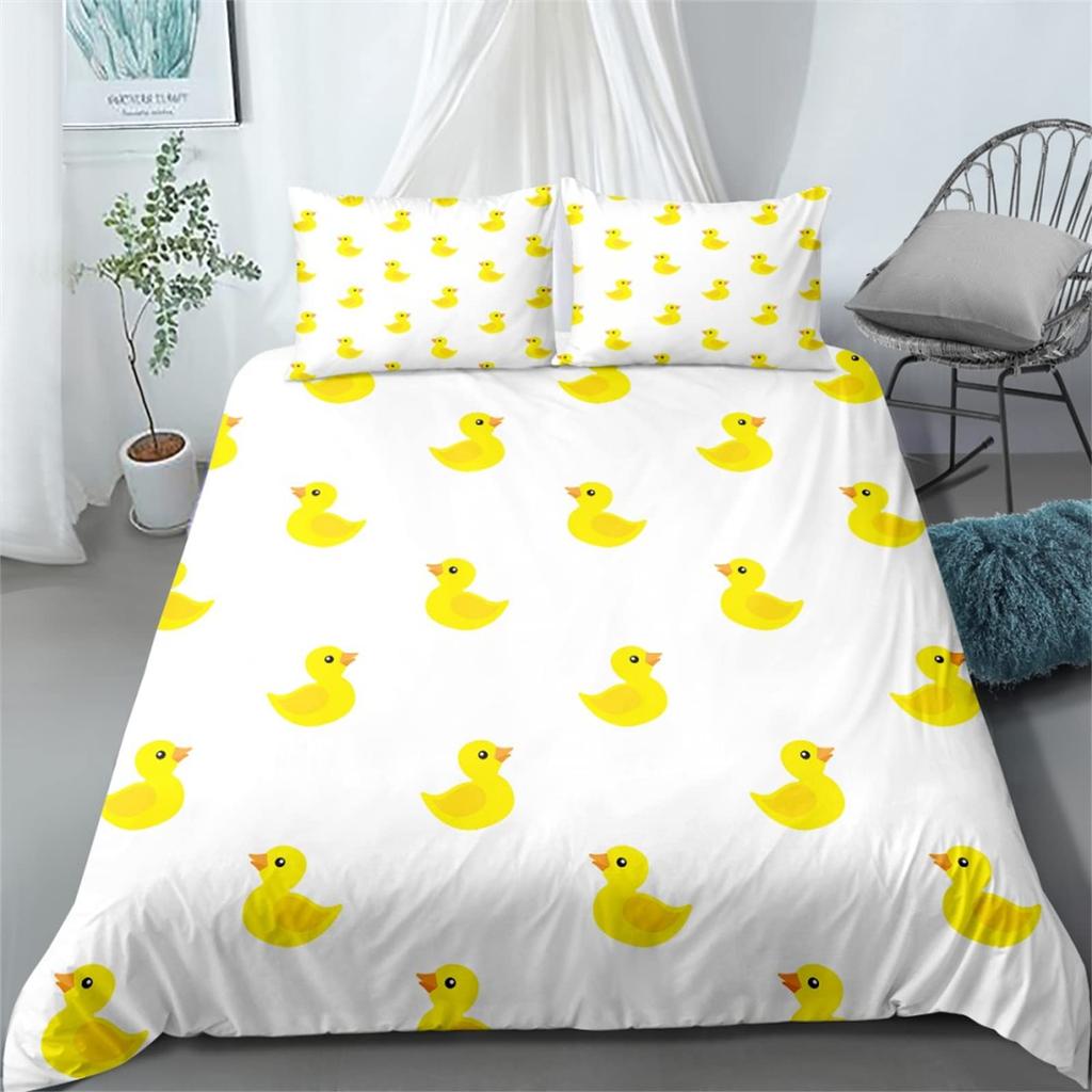 Cartoon Yellow Duck King Queen Duvet Cover Farm Lovely Animal Bedding Set Blue Bubble Quilt Cover Soft Polyester Comforter Cover