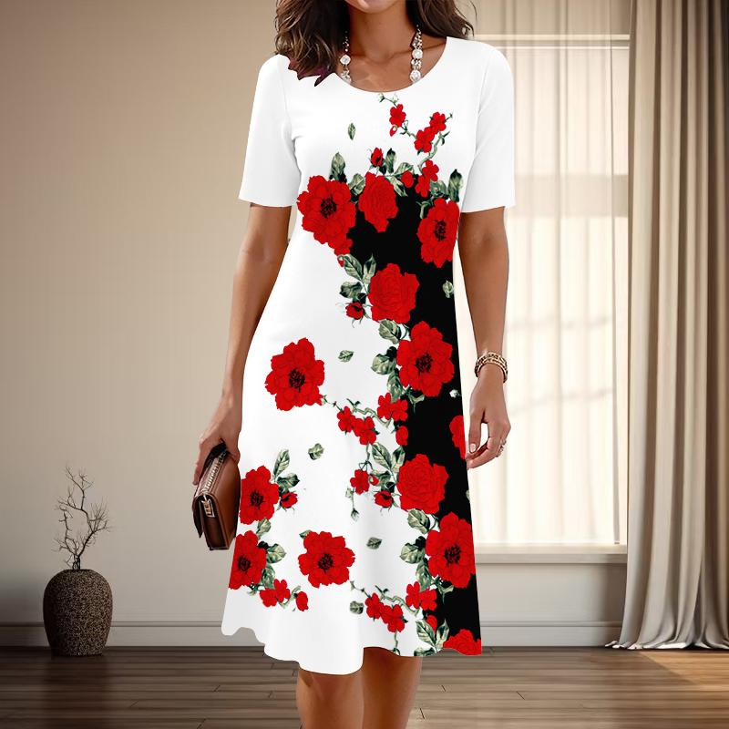 Women's Fashion Graceful Flower Print Summer Spring Short Sleeve O-Neck Casual Dresses