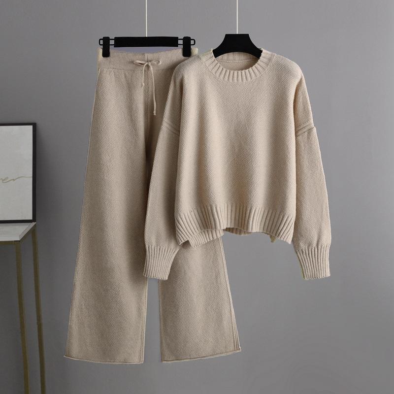 GMXIA Autumn and Winter Fashion Casual Knitted Suit Pants, Loose Sweater, Wide-leg Pants, Long Pants Two-piece Set