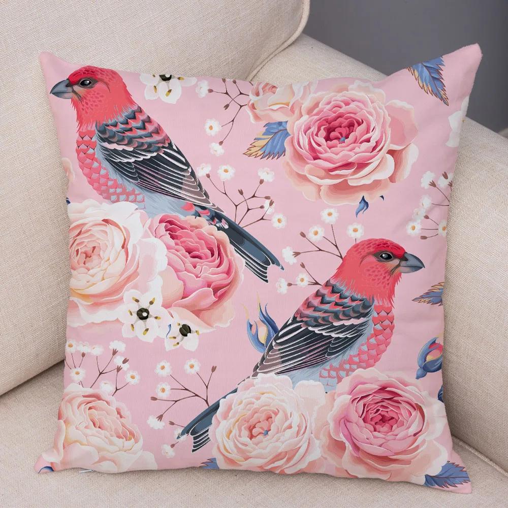 Nordic Style Rose Flower And Birds Pillow Case Cushion Cover For Car Sofa Super Soft Plush Decor Flower Plant Animal Pillowcase