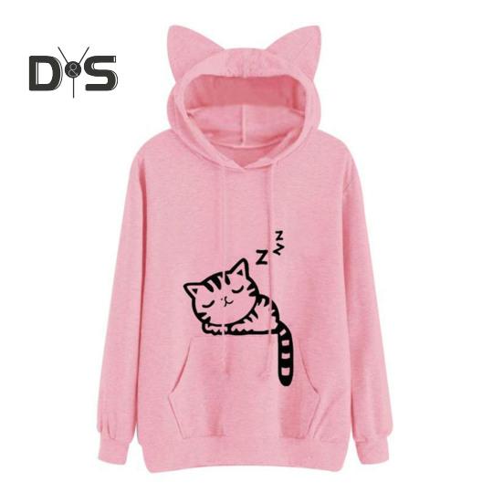 Women Fall Winter Hoodie with Big Pocket Cat Ear Decor Kitty Printing Hooded Full Sleeves Loose Pullover Home School Sport Top