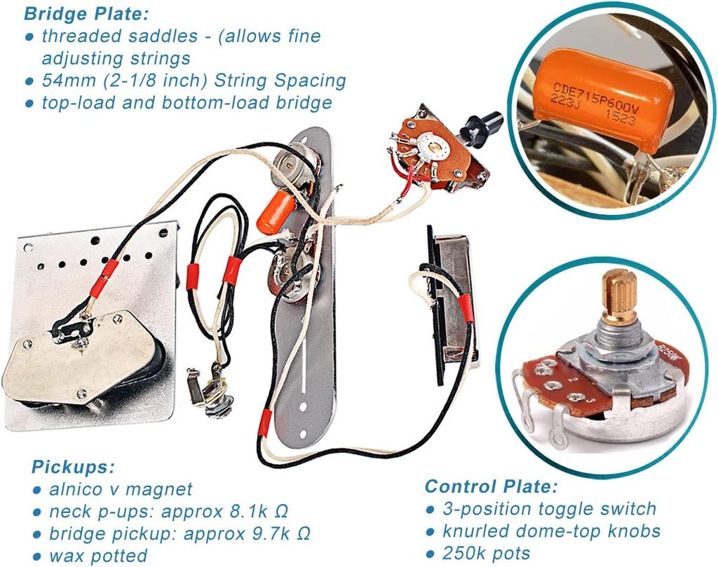 Guitar Telecaster Switch Control Guitar Neck Pickup Threaded Saddle Bridge Plate Loaded Alnico V Pickup Guitar Replacement Parts Bridge, 3-Way Plate,