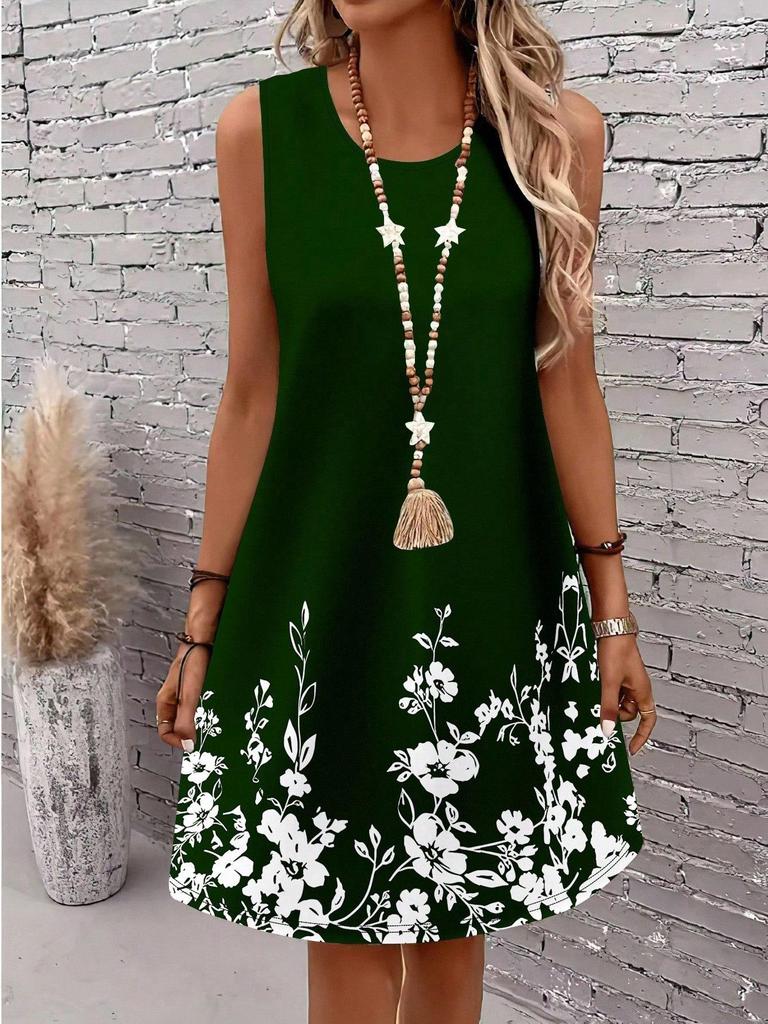 Европейское и американское женское элегантное платье-миди без рукавов с цветочным принтом, доступны большие размеры