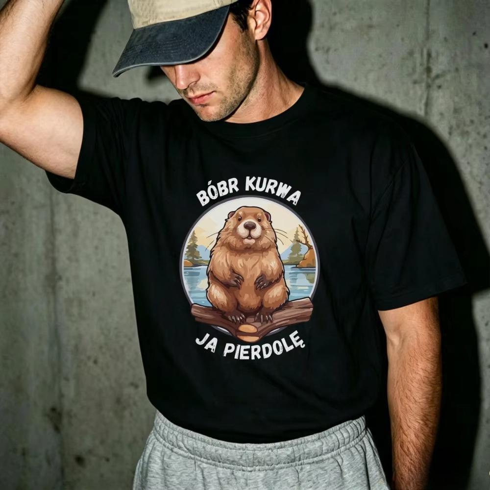 Bobr Kurwa Ja Pierdole Polish Meme Beaver Cartoon Print Short Sleeve Cotton Tee Funny Poland Internet Humor Casual Streetwear