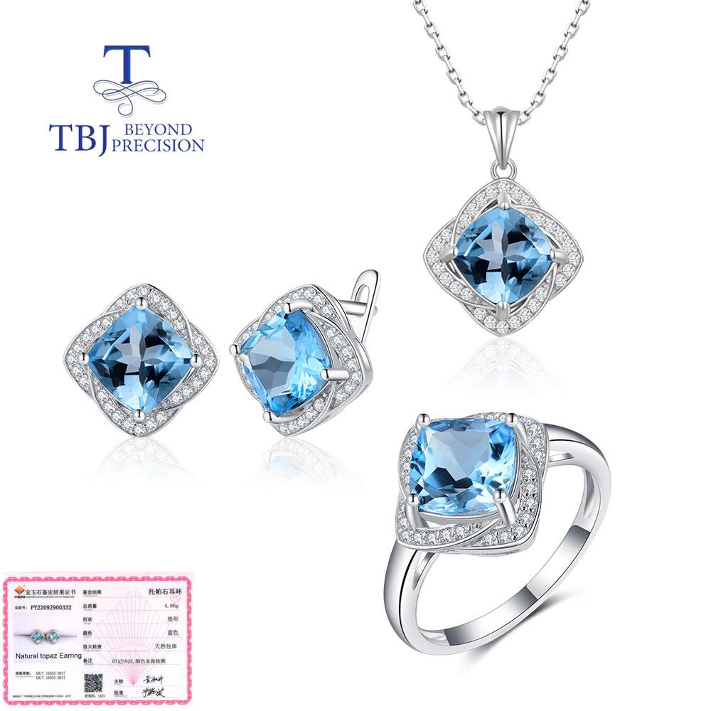 Natural Cushion Sky Blue Topaz Jewelry Set 925 Sterling Silver Ring Earring Pendant for Women Wife Nice Gift