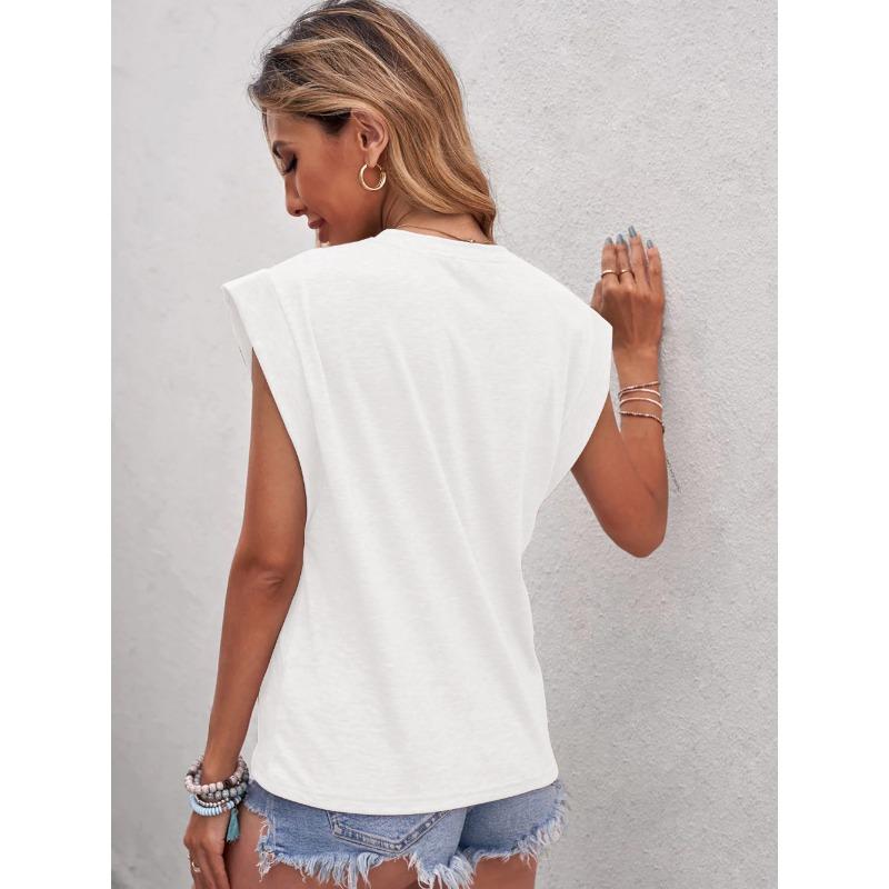 YYFS Женские модные повседневные летние весенние однотонные блузки и рубашки без рукавов с круглым вырезом и принтом