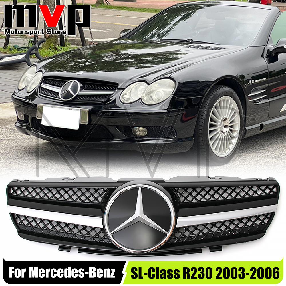 AAUI1 Chrome Black AMG Style Bumper Grille With Car Front Racing Grilled Emblem Logo For Mercedes Benz SL-Class R230 03-06 SL500 SL55