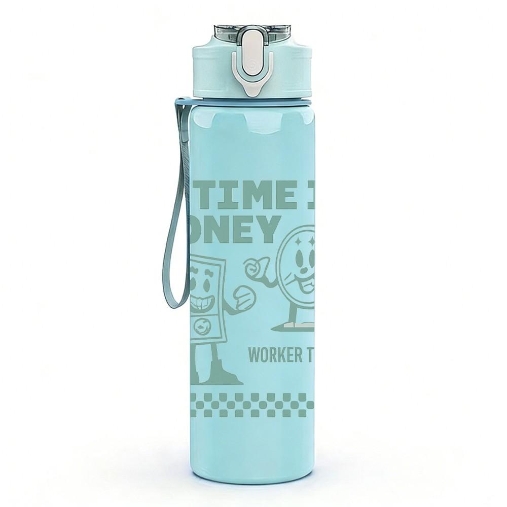 1PC Time Is Money Robot Quote Print 750ml Color Plastic Sports Water Bottle Leakproof Flip Straw Lid Suitable for Sports Office Home Use