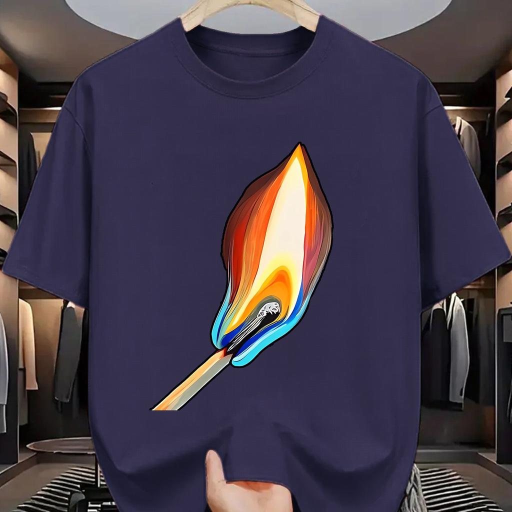 Burning Match Graphic Print Mens Cotton TShirt Casual Short Sleeve Round Neck Summer Tee