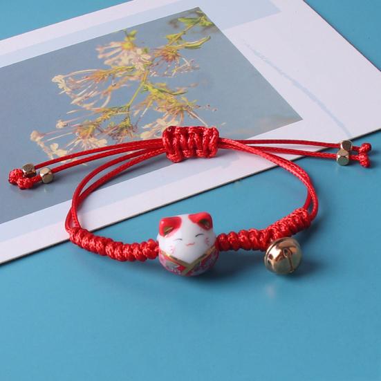 Браслет на запястье, керамический декор в виде кошки, маленький колокольчик, ручная работа, регулируемый, декоративный, темпераментный, плетеный, веревочный, подвески, браслет-шнурок для повседневной жизни