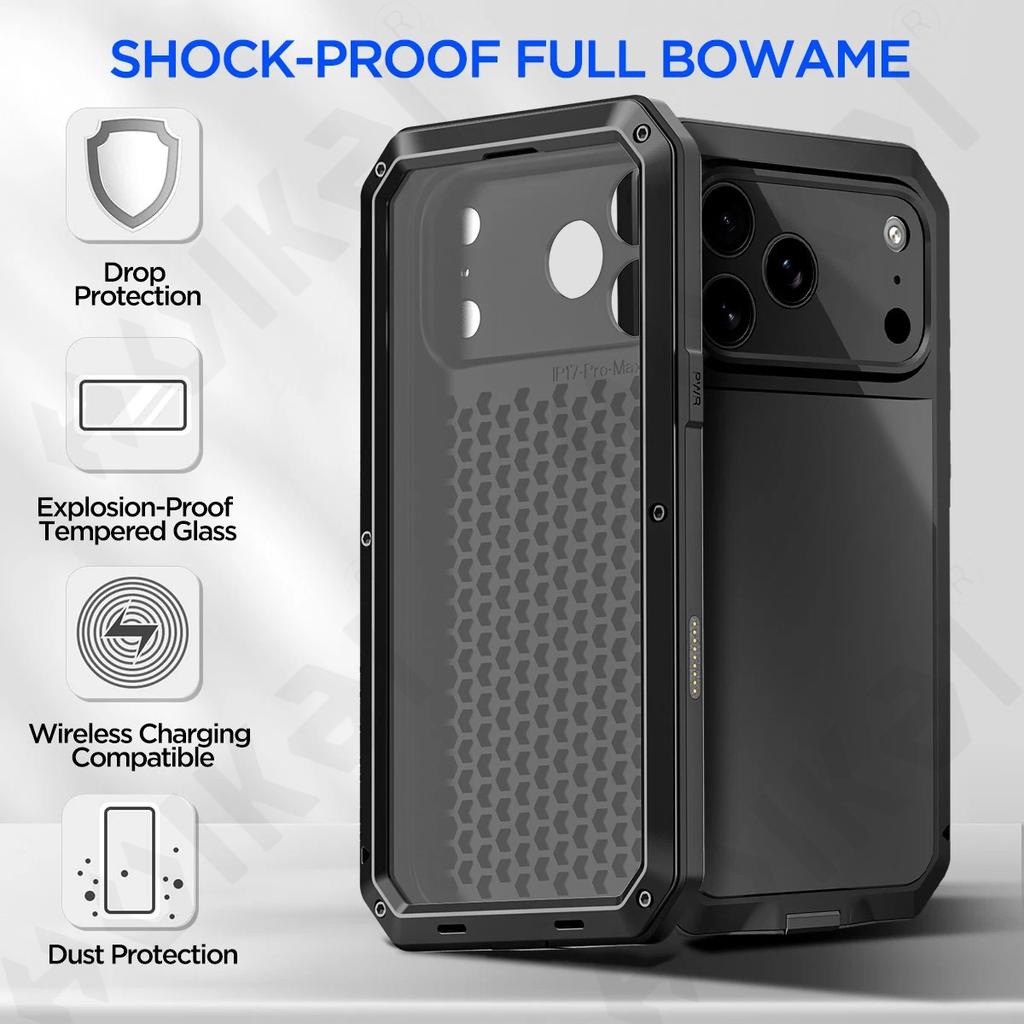 Чехол для iPhone 17 16 15 14 13 12 11 Pro Max XS XR 8 Plus SE Металлический Прочный 360 Полная Защита Корпуса Ударопрочная Броня Защитная Крышка