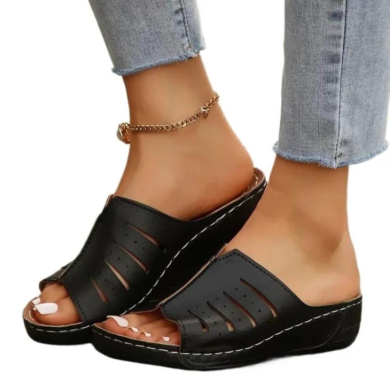 Женские босоножки с открытым носком на каблуке, летние туфли на танкетке, женские босоножки на каблуке 2024, новые тапочки на танкетке, женская летняя обувь