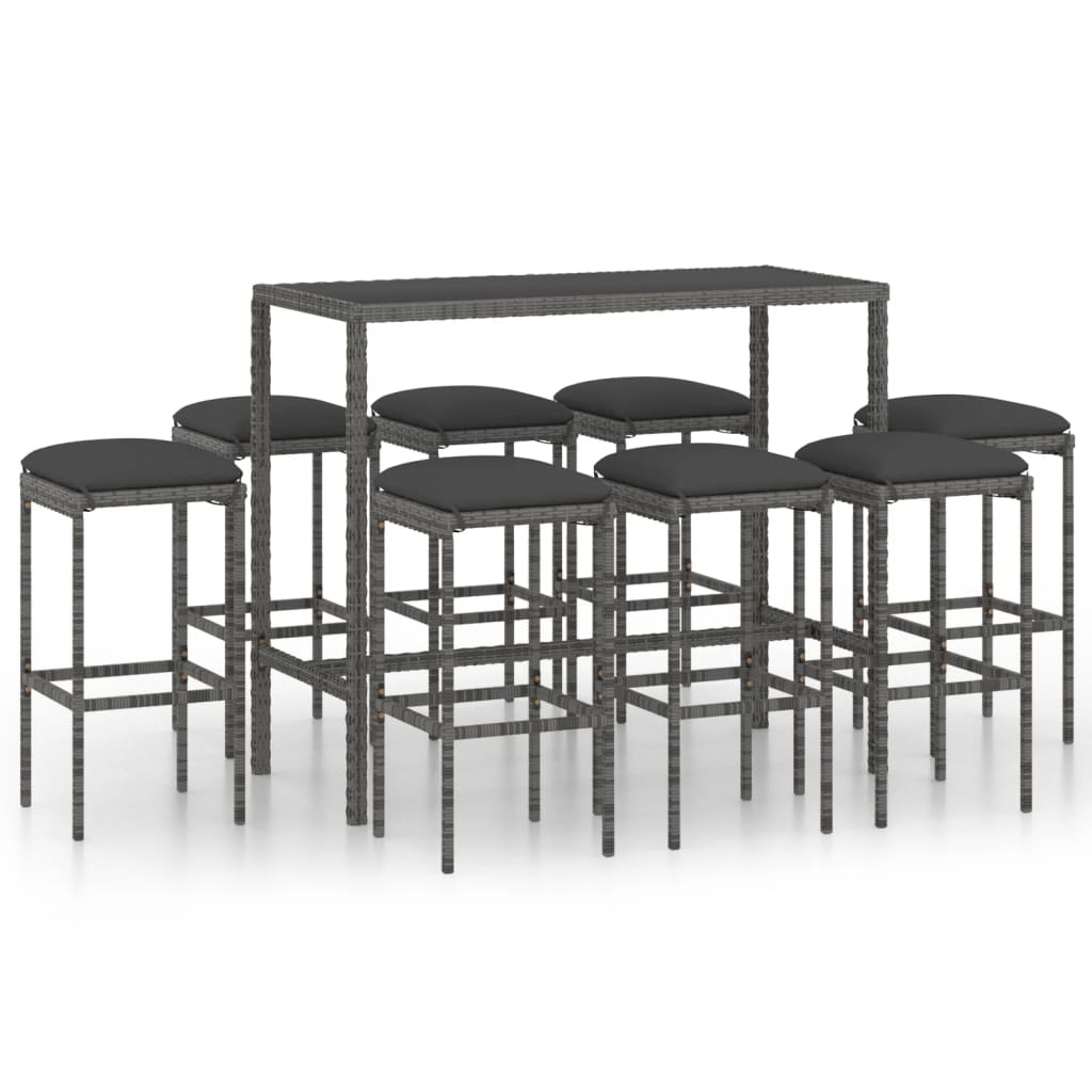 vidaXL 9-tlg. Gartenbar-Set mit Kissen Poly Rattan Grau