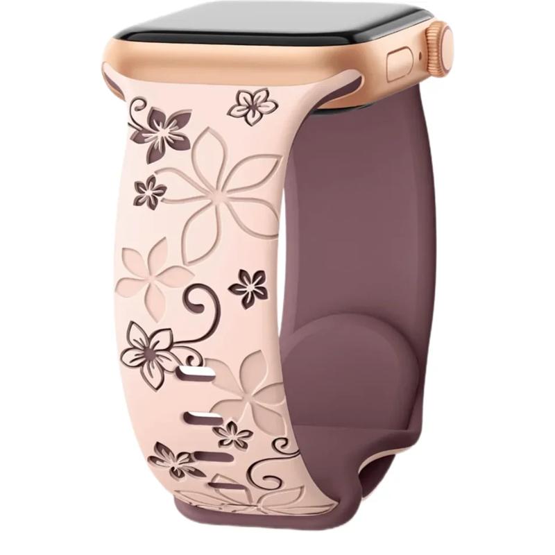 Floral Engraved Strap For Apple Watch Band 46mm 49mm 45mm 44mm 42mm 41mm 40mm 38mm Silicone Sport Bracelet iWatch Series 10 SE 9 8 7 6 Ultra 2