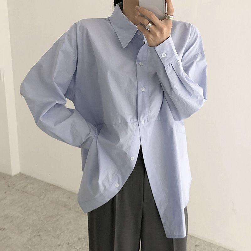 Chic Simple Lapel Irregular Loose Casual Blouses Women Loose Solid Puff Sleeve Shirt Tops for Women Single Breasted Elegant Office Ladies Shirts 26084